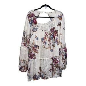 ODDY Boho Floral Blouse 1X Sheer Flowy Cottagecore Peasant Top
